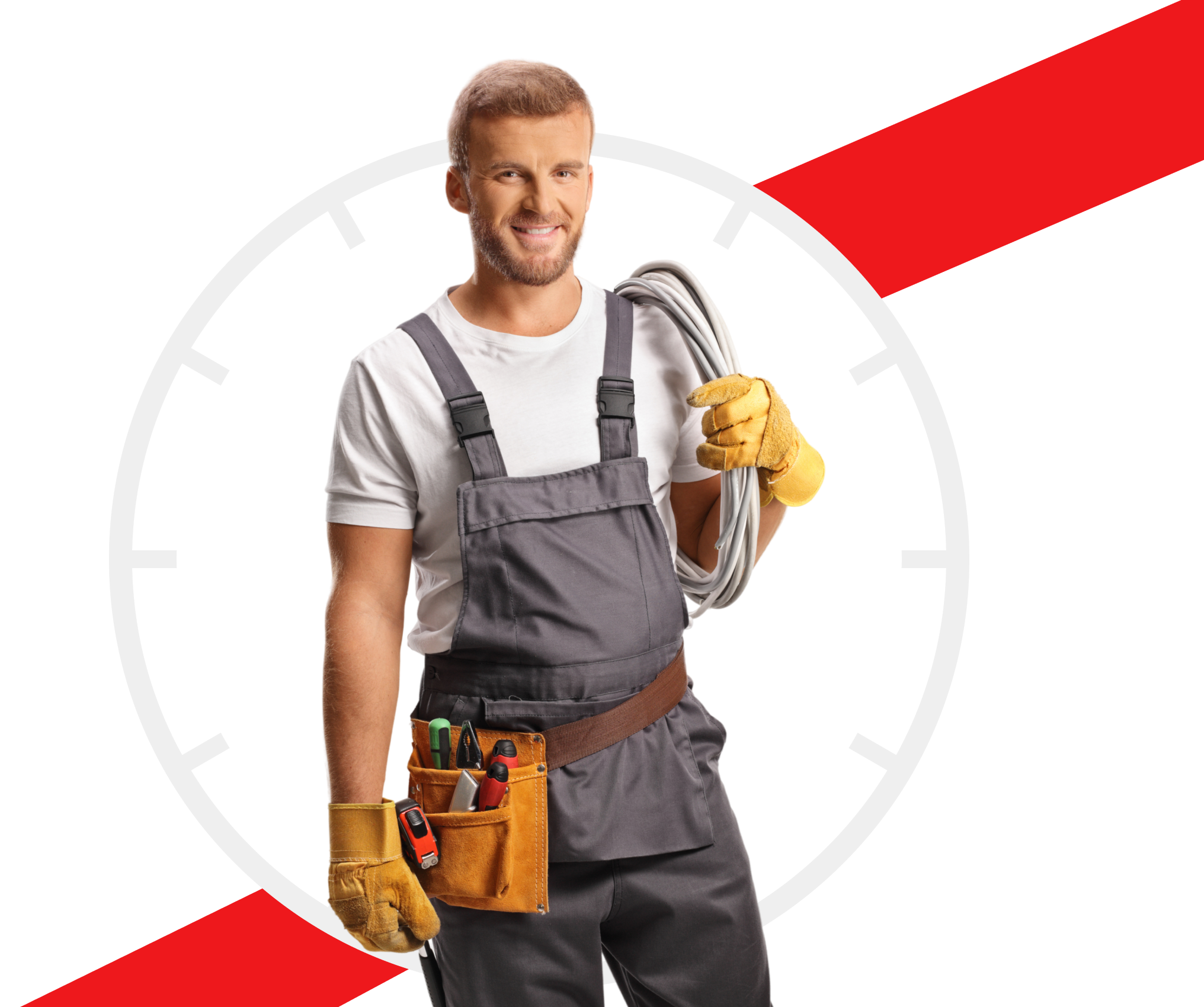 Worker with tools in front of clock.