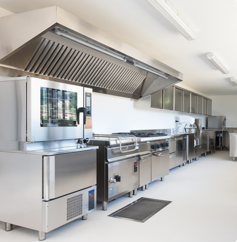 h1 01 Commercial kitchen with stainless steel appliances.