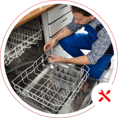 h2 01 Technician repairing dishwasher in kitchen setting.