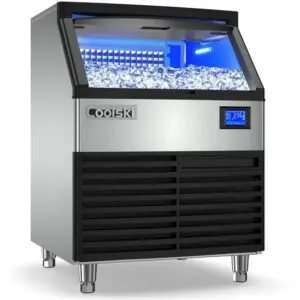Stainless steel ice maker with digital display and blue LED interior.