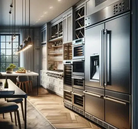 Modern kitchen with sleek appliances and wooden accents.