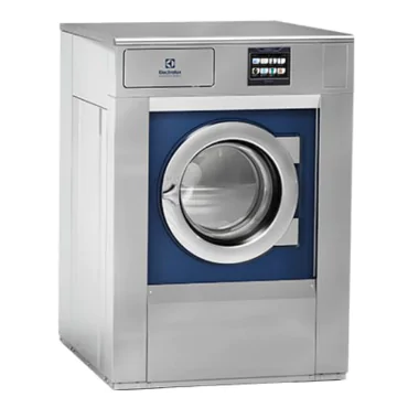 Industrial front-loading washing machine in stainless steel.