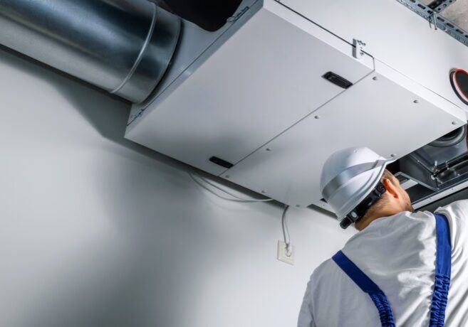 hvac engineer install heat recovery ventilation system for new house. copy space