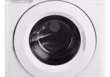 Front-loading white washing machine with digital display and control buttons.